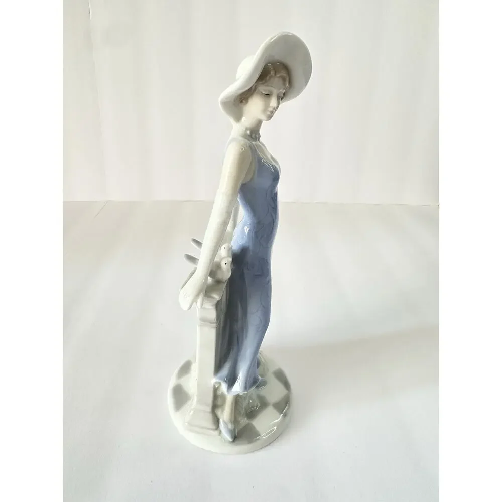Vintage Porcelain Lady Figurine Blue Dress Hat Birds Pedestal 10” 1990s
